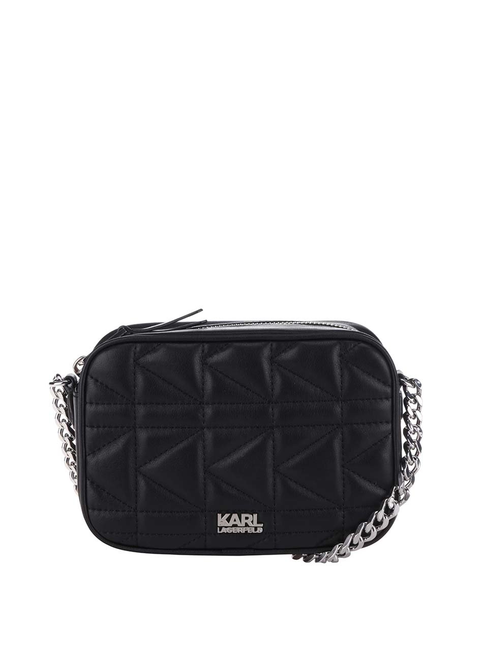 Černá kožená prošívaná crossbody kabelka s detaily ve stříbrné barvě KARL LAGERFELD Černá kožená prošívaná crossbody kabelka s detaily ve stříbrné barvě KARL LAGERFELD