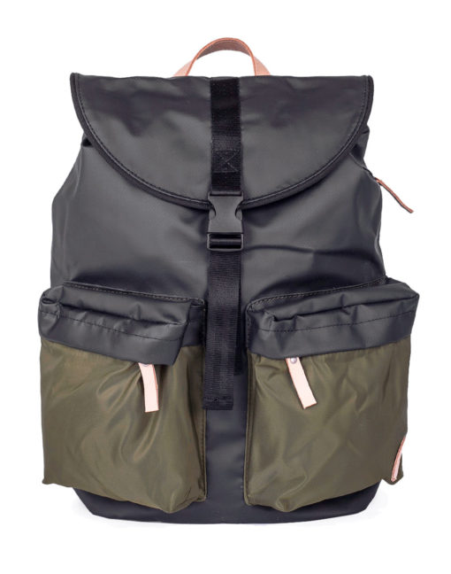 Batoh Enter Hiker Backpack Black Waterproof/Army Green Nylon Pockets/ Natural Leather