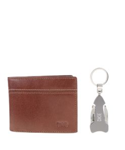 Dárkový set hnědé kožené peněženky a klíčenky s multifunkčním nožem Dice