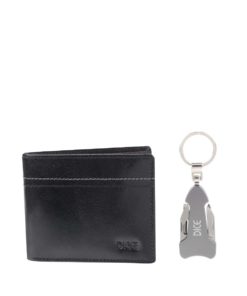 Dárkový set černé kožené peněženky a klíčenky s multifunkčním nožem Dice