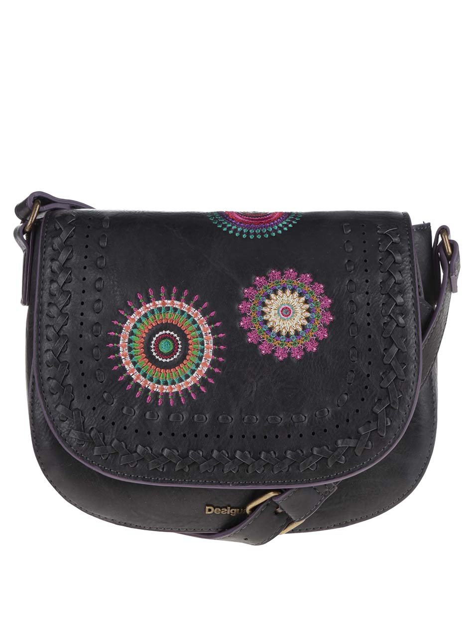 Černá crossbody kabelka s klopou s barevnými mandaly Desigual Varsovia Suzie Černá crossbody kabelka s klopou s barevnými mandaly Desigual Varsovia Suzie