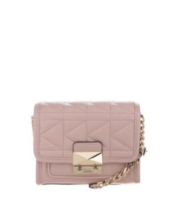 Světle růžová malá kožená crossbody kabelka s prošívanou klopou KARL LAGERFELD