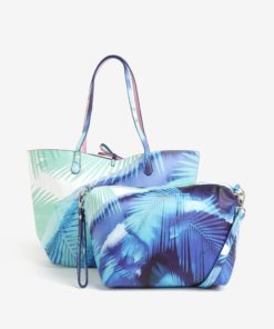 Modrý oboustranný shopper s pouzdrem Desigual Blue palms capri