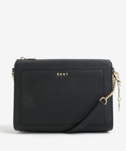 Černá kožená crossbody kabelka s detaily ve zlaté barvě DKNY Bryant