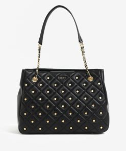 Černá velká kožená kabelka s detaily ve zlaté barvě DKNY Barbara