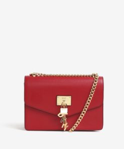 Červená kožená crossbody kabelka s detaily ve zlaté barvě DKNY Elissa