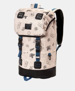 Béžový batoh s koženkovými detaily a pláštěnkou Meatfly 26 l