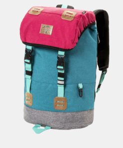 Tyrkysovo-růžový batoh s koženkovými detaily a pláštěnkou Meatfly 26 l