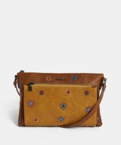Zeleno-hnědá crossbody kabelka s výšivkou Desigual Julietta