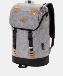 Šedý žíhaný batoh s koženkovými detaily a pláštěnkou Meatfly 26 l