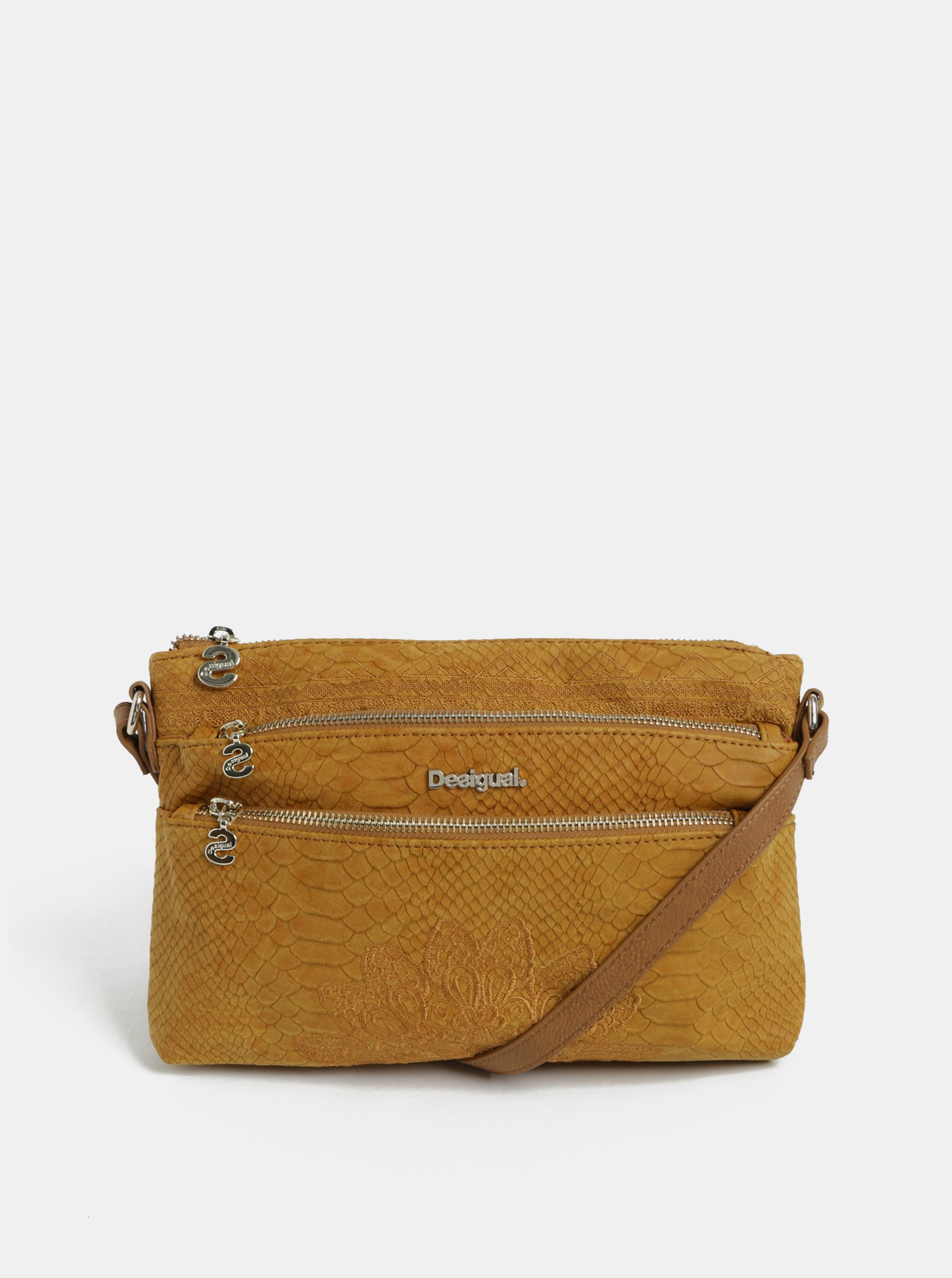 Hnědá kabelka s výšivkou a hadím vzorem Desigual Aquiles Hnědá kabelka s výšivkou a hadím vzorem Desigual Aquiles