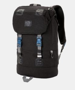 Černý batoh a koženkovými detaily a pláštěnkou Meatfly 26 l